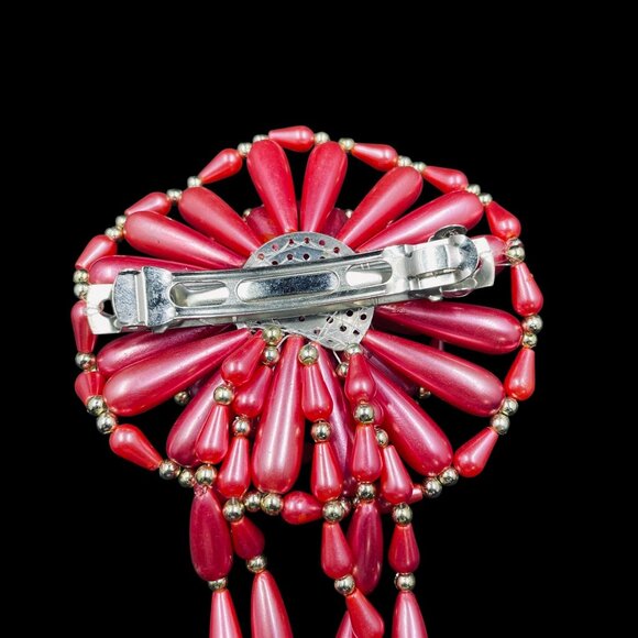 Handmade Beaded Hair Clip Pink Flower Statement Barrette Festival Boho Jewelry - Picture 5 of 6